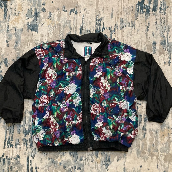 C01 2B Active 80s 90s Floral Windbreaker Bomber Jacket VTG Black Colorful Sz 1X - Picture 5 of 16